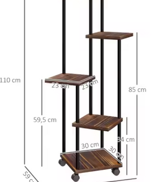Plantenstandaard op Wielen – 5-Laags Stalen Bloemenrek met Houten Legplanken, 110 cm Hoog