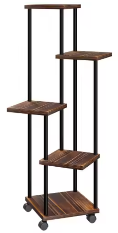 Plantenstandaard op Wielen – 5-Laags Stalen Bloemenrek met Houten Legplanken, 110 cm Hoog