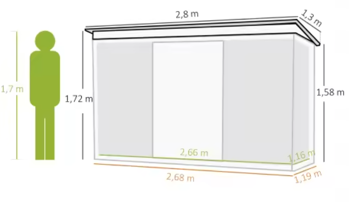 Grote Tuinschuur van Gegalvaniseerd Staal – 280 x 130 x 172 cm met Schuifdeur en Ventilatieroosters