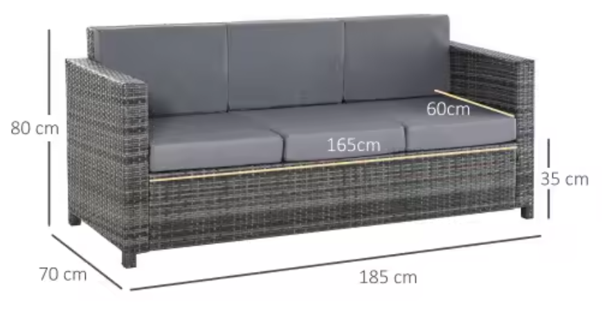 3-zits Tuinloungebank met Kussen – Grijs, Metaal en Polyester, 185 x 70 x 80 cm, Ideaal voor Terras en Balkon