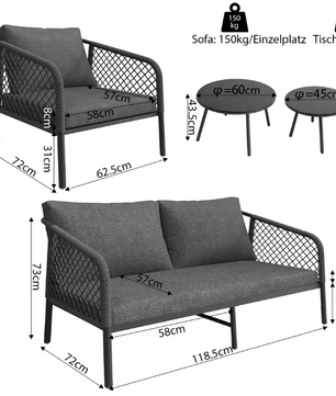 Rope Tuinloungeset – Moderne Buitenbankset met Glazen Tafel en Kussens voor Tuin, Terras en Balkon