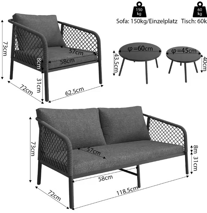 Rope Tuinloungeset – Moderne Buitenbankset met Glazen Tafel en Kussens voor Tuin, Terras en Balkon