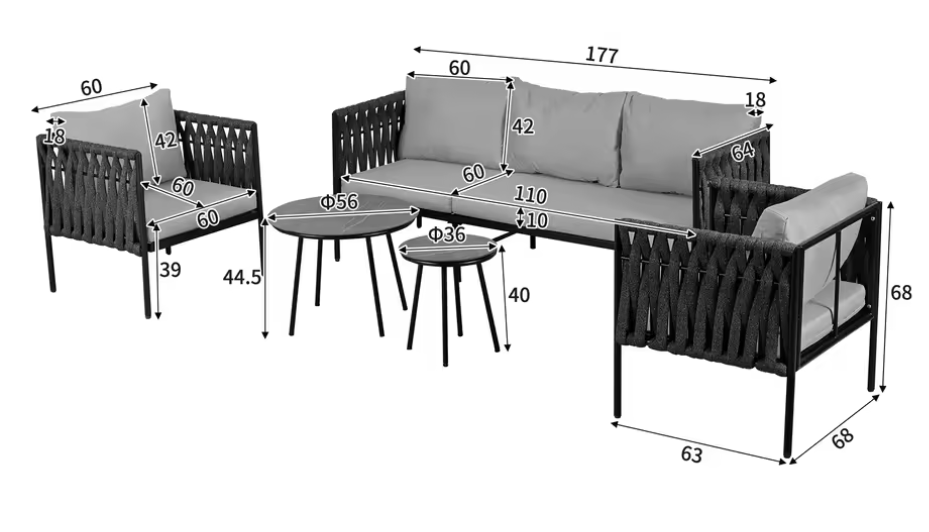 5-Persoons Tuinmeubelset – 3-Zits Bank, 2 Fauteuils en 2 Salontafels met Kussens, Weerbestendig Gegalvaniseerd Staal en Marmerglazen Tafel