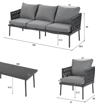 Tuinloungestoelset – 2 Fauteuils en Salontafel met Glazen Tafelblad, Touwarmleuningen, Gegalvaniseerd Staal en Kussens