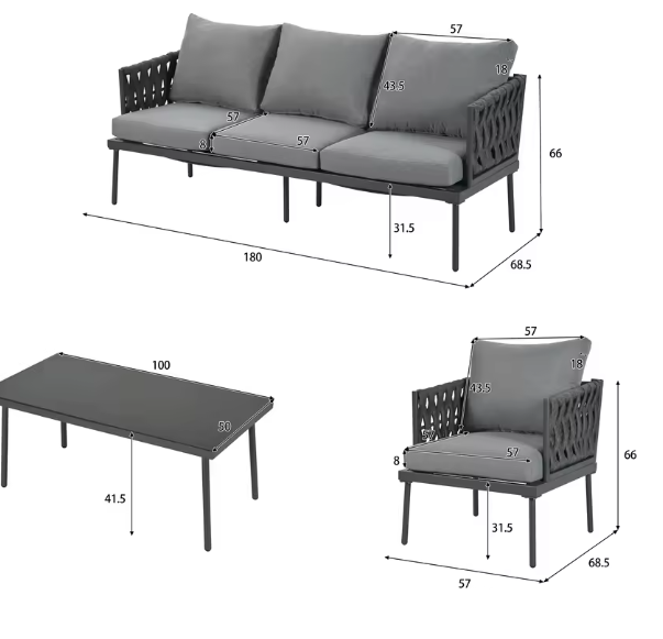 Tuinloungestoelset – 2 Fauteuils en Salontafel met Glazen Tafelblad, Touwarmleuningen, Gegalvaniseerd Staal en Kussens
