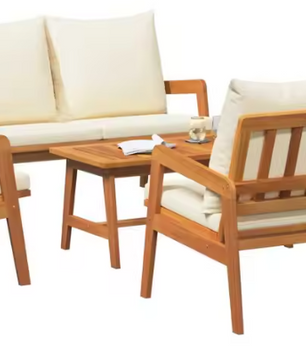 Set van 3 Buitenbanken met Melkwit Acaciahout en Polyester Kussens – Stijlvolle Tuinmeubelset voor Balkon, Patio of Tuin