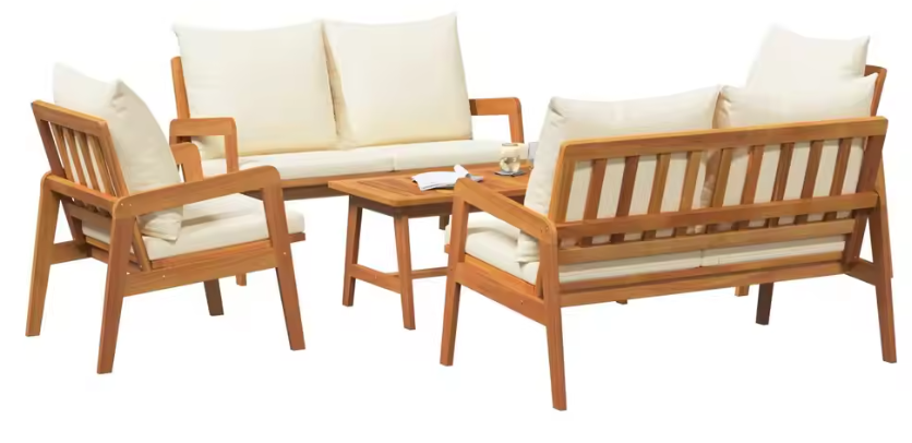 Set van 3 Buitenbanken met Melkwit Acaciahout en Polyester Kussens – Stijlvolle Tuinmeubelset voor Balkon, Patio of Tuin