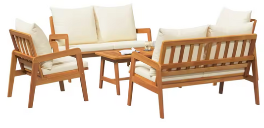 Set van 3 Buitenbanken met Melkwit Acaciahout en Polyester Kussens – Stijlvolle Tuinmeubelset voor Balkon, Patio of Tuin