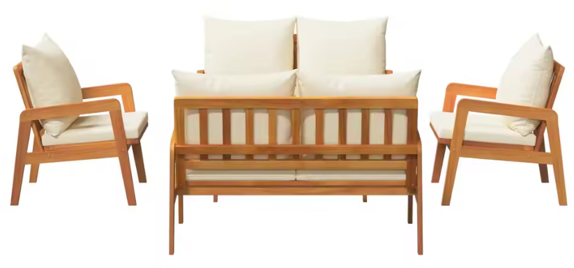 Set van 3 Buitenbanken met Melkwit Acaciahout en Polyester Kussens – Stijlvolle Tuinmeubelset voor Balkon, Patio of Tuin