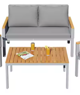 Lounge Set Balkonmeubilair – Tuinmeubelen Zitgroep met Comfortabele Kussens, Dubbele Fauteuils en Tafel, Set van 4