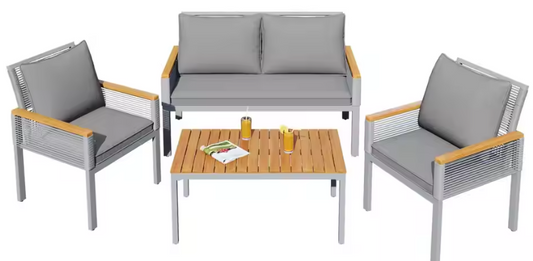 Lounge Set Balkonmeubilair – Tuinmeubelen Zitgroep met Comfortabele Kussens, Dubbele Fauteuils en Tafel, Set van 4