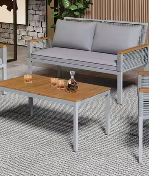 Lounge Set Balkonmeubilair – Tuinmeubelen Zitgroep met Comfortabele Kussens, Dubbele Fauteuils en Tafel, Set van 4
