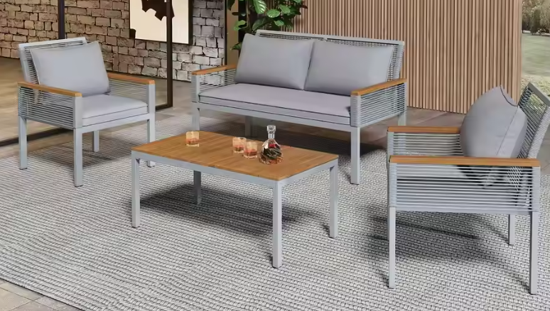 Lounge Set Balkonmeubilair – Tuinmeubelen Zitgroep met Comfortabele Kussens, Dubbele Fauteuils en Tafel, Set van 4