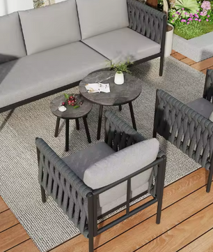 Tuinmeubelset met Comfortabele Kussens – 3-Zitsbank, 2 Fauteuils en 2 Salontafels met Marmeren Glazen Blad, Grijs