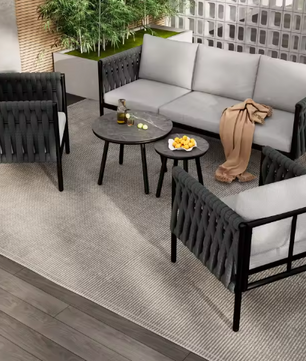 Tuinmeubelset met Comfortabele Kussens – 3-Zitsbank, 2 Fauteuils en 2 Salontafels met Marmeren Glazen Blad, Grijs