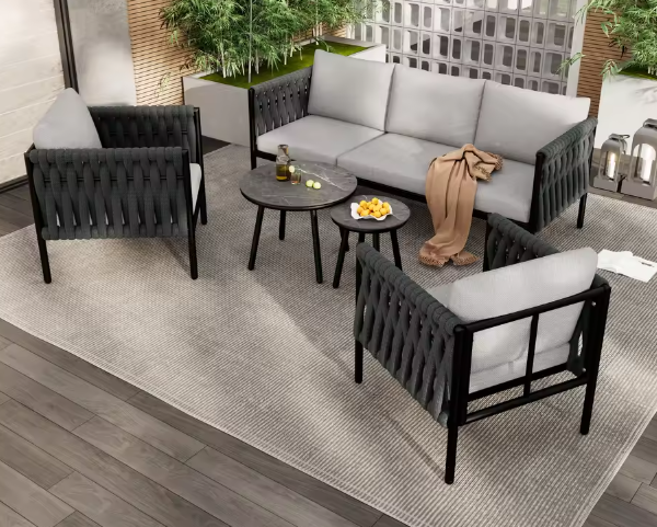 Tuinmeubelset met Comfortabele Kussens – 3-Zitsbank, 2 Fauteuils en 2 Salontafels met Marmeren Glazen Blad, Grijs