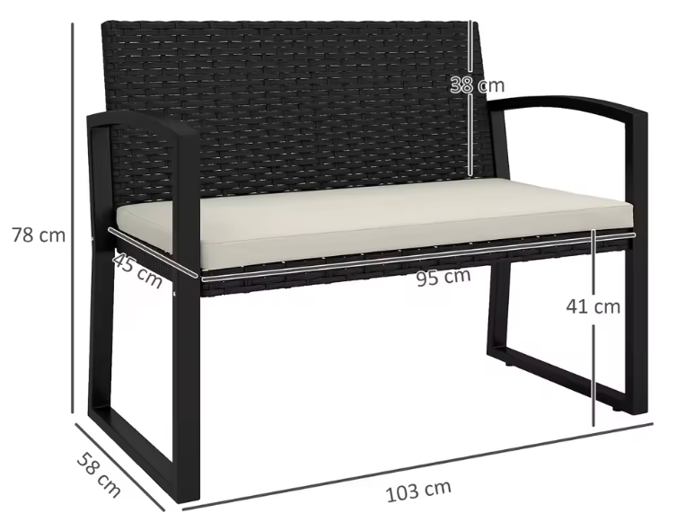 2-Zits Synthetische Rotan Tuinbank – Zwart en Beige, 103x58x78 cm