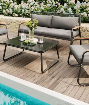 4-Persoons Tuinmeubelset met Tafel en Kussens – Gegalvaniseerd IJzeren Frame en Geharde Glazen Tafel