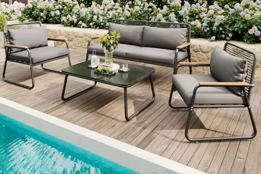 4-Persoons Tuinmeubelset met Tafel en Kussens – Gegalvaniseerd IJzeren Frame en Geharde Glazen Tafel