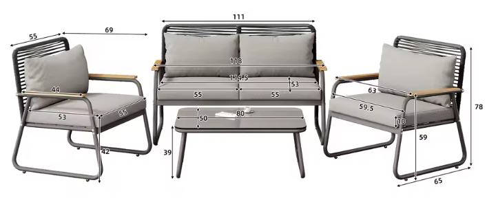 4-Persoons Tuinmeubelset met Tafel en Kussens – Gegalvaniseerd IJzeren Frame en Geharde Glazen Tafel