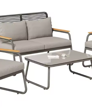 4-Persoons Tuinmeubelset met Tafel en Kussens – Gegalvaniseerd IJzeren Frame en Geharde Glazen Tafel