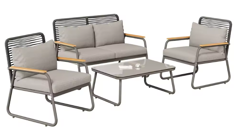 4-Persoons Tuinmeubelset met Tafel en Kussens – Gegalvaniseerd IJzeren Frame en Geharde Glazen Tafel