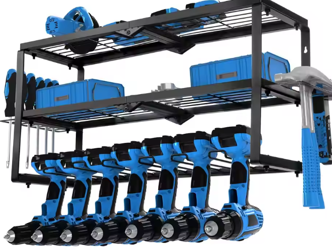 Opbergrek voor Elektrisch Gereedschap – Industriële Stalen Pegboard Wandmontage met Verstelbare Planken en Vergrendelbare Zwenkwielen, 500 lbs Capaciteit