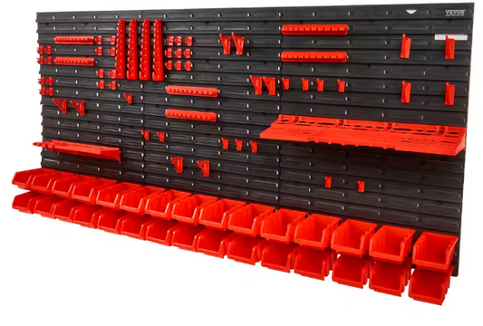Wandgemonteerd Opbergrek voor Gereedschap – 30/48 Bin Organizer met 17-delige Set Haken voor Garage of Werkplaats, 117x55x2 cm
