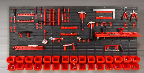 Wandgemonteerd Opbergrek voor Gereedschap – 30/48 Bin Organizer met 17-delige Set Haken voor Garage of Werkplaats, 117x55x2 cm