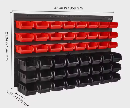 Wandgemonteerd Opbergrek voor Gereedschap – 30/48 Bin Organizer met 17-delige Set Haken voor Garage of Werkplaats, 117x55x2 cm