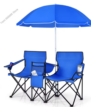2-Zits Campingstoel met Parasol, Koeltas en Bekerhouder – Opvouwbare Visstoel met Draagtas