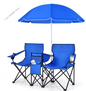 2-Zits Campingstoel met Parasol, Koeltas en Bekerhouder – Opvouwbare Visstoel met Draagtas