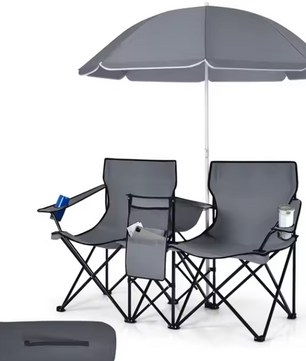 2-Zits Campingstoel met Parasol, Koeltas en Bekerhouder – Opvouwbare Visstoel met Draagtas