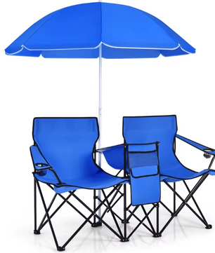 2-Zits Campingstoel met Parasol, Koeltas en Bekerhouder – Opvouwbare Visstoel met Draagtas