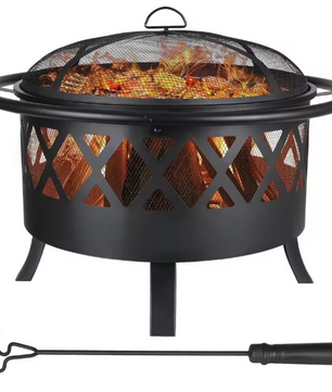 3-in-1 Vuurkom met Grillrooster en Vonkbescherming – Ø81 cm Tuinvuurplaats, BBQ-Verwarmer voor Buiten
