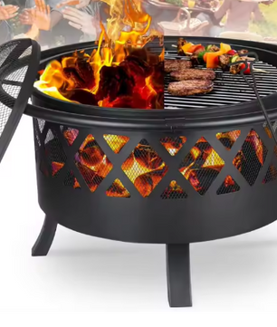 3-in-1 Vuurkom met Grillrooster en Vonkbescherming – Ø81 cm Tuinvuurplaats, BBQ-Verwarmer voor Buiten