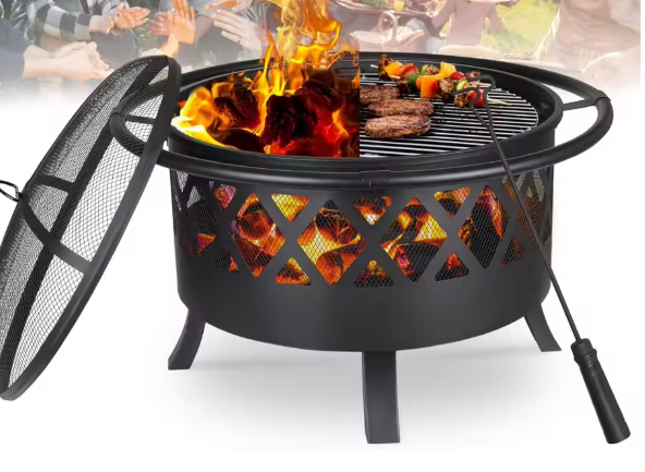 3-in-1 Vuurkom met Grillrooster en Vonkbescherming – Ø81 cm Tuinvuurplaats, BBQ-Verwarmer voor Buiten