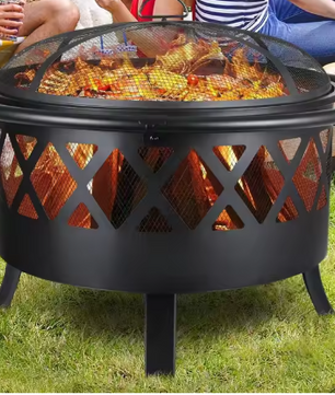 3-in-1 Vuurkom met Grillrooster en Vonkbescherming – Ø81 cm Tuinvuurplaats, BBQ-Verwarmer voor Buiten