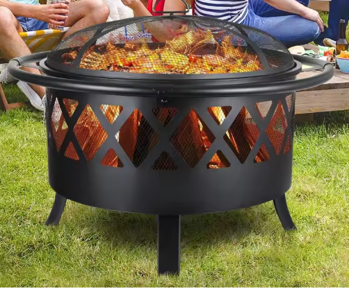 3-in-1 Vuurkom met Grillrooster en Vonkbescherming – Ø81 cm Tuinvuurplaats, BBQ-Verwarmer voor Buiten