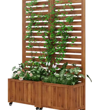 Buitenplanter met Traliewerk als Klimhulp – Massief Houten Bloembak met Wielen voor Tuin, Terras en Balkon