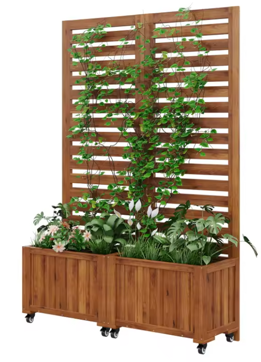Buitenplanter met Traliewerk als Klimhulp – Massief Houten Bloembak met Wielen voor Tuin, Terras en Balkon