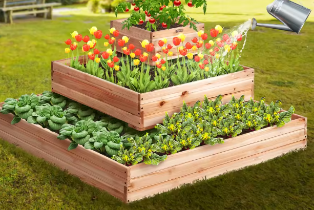 Verhoogd Tuinbed – Houten Plantenbak voor Groenten en Bloemen met Drainagesysteem, 3 Groottes Beschikbaar