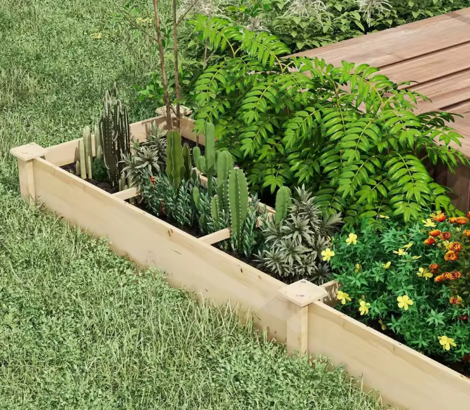 Verhoogd Tuinbed met 2 Vakken – Grote Plantenbak voor Bloemen, Kruiden en Groenten, Natuurlijk Hout – 237x60x25 cm