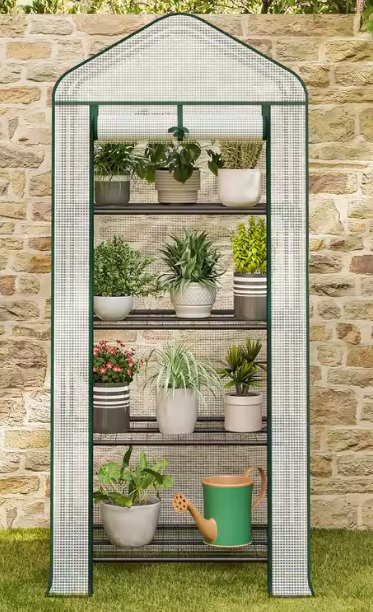 Compacte Tuinkas met Wielen en Oprolbare Deur – 3 Planken, Winterbescherming voor Buiten, Balkon en Tuin, 70x50x130 cm