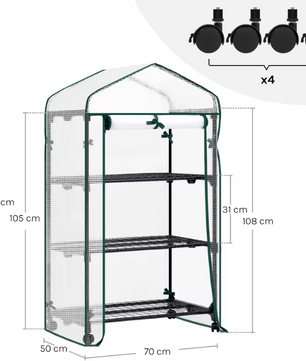 Compacte Tuinkas met Wielen en Oprolbare Deur – 3 Planken, Winterbescherming voor Buiten, Balkon en Tuin, 70x50x130 cm