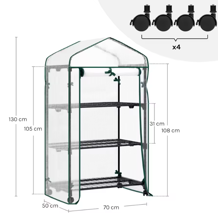 Compacte Tuinkas met Wielen en Oprolbare Deur – 3 Planken, Winterbescherming voor Buiten, Balkon en Tuin, 70x50x130 cm