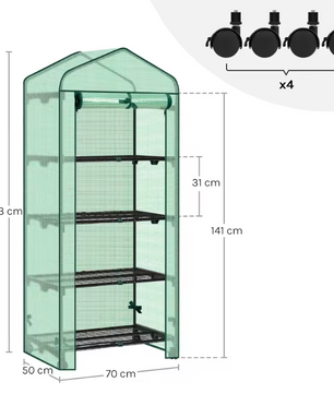Compacte Tuinkas met Wielen en Oprolbare Deur – 3 Planken, Winterbescherming voor Buiten, Balkon en Tuin, 70x50x130 cm