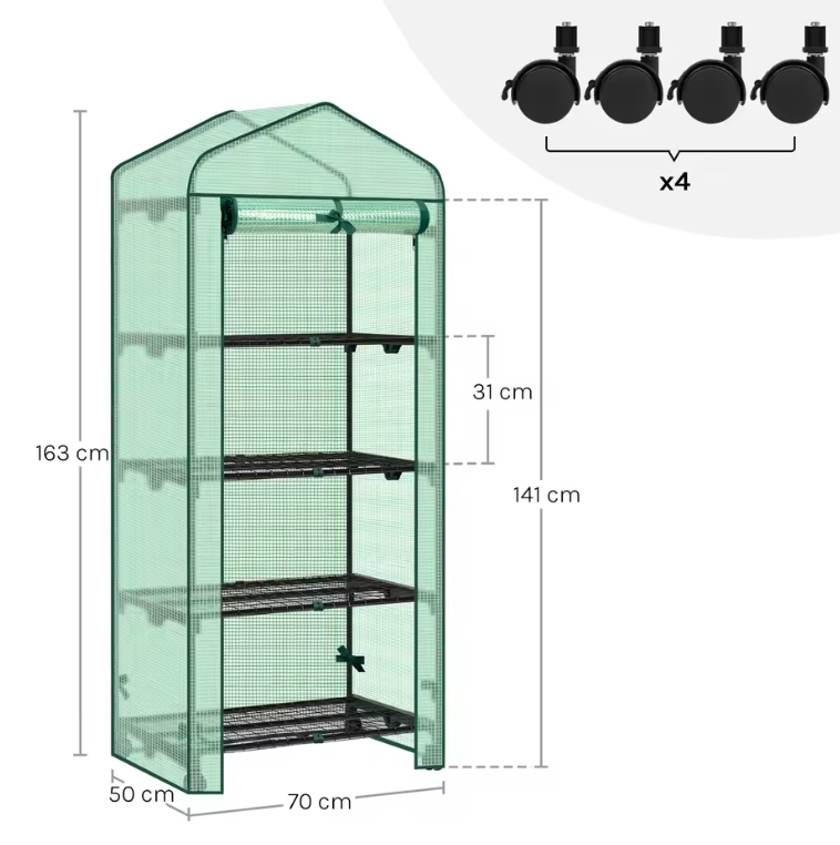 Compacte Tuinkas met Wielen en Oprolbare Deur – 3 Planken, Winterbescherming voor Buiten, Balkon en Tuin, 70x50x130 cm