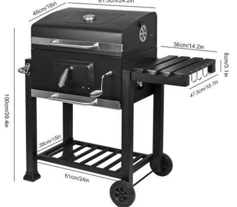 Outdoor Houtskoolgrill met Thermometer, Wielen en Plank – Perfect voor Barbecue, Camping en Picknick