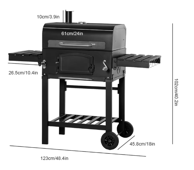 Outdoor Houtskoolgrill met Thermometer, Wielen en Plank – Perfect voor Barbecue, Camping en Picknick